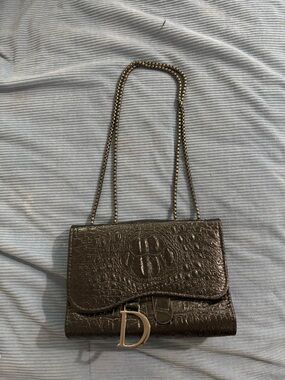 Black Croc-Embossed Chain Shoulder Bag